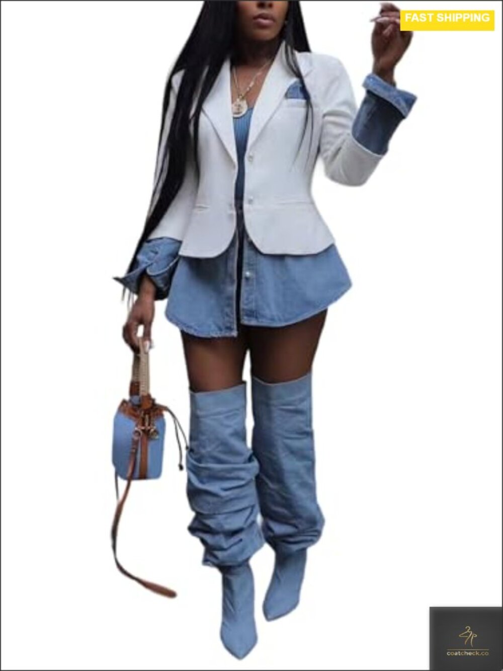 Denim Patchwork Blazer for Women Long Sleeve Lightweight Jacket Pearl Button